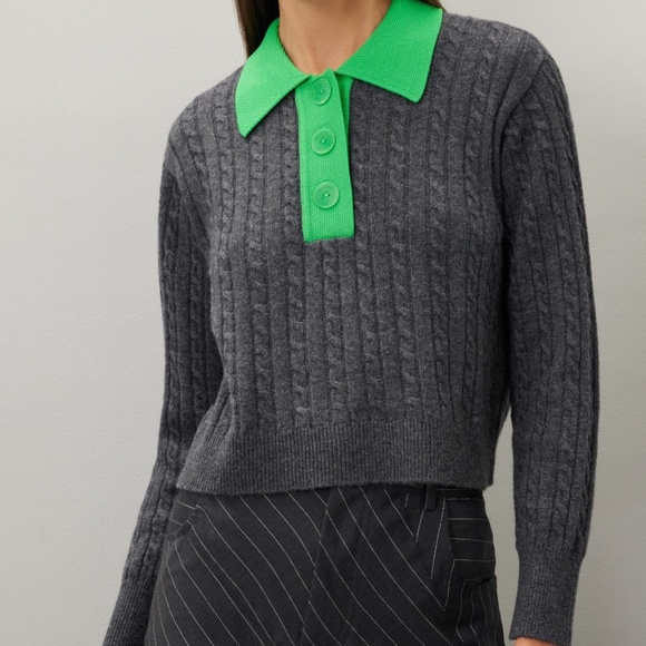 Sandro Reno Sweater with Green Contrast Collar, Sandro 0 FR/US 2 - Picture 3 of 10
